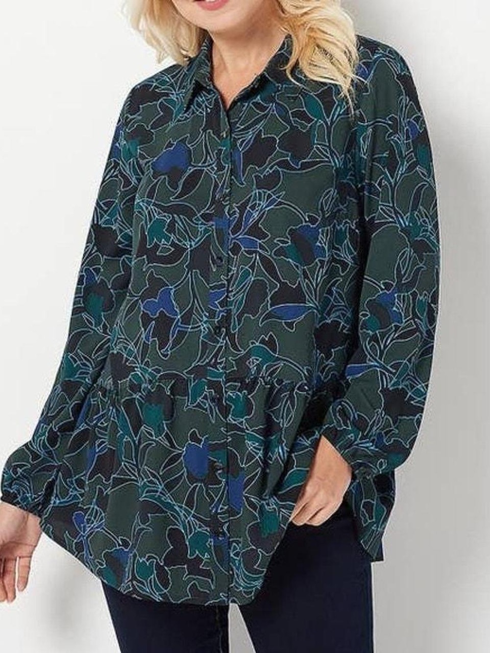 Logo Peplum Button Up Tunic Top Abstract Dark Florals 3X Fall Winter